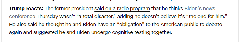 ColeJJones's tweet image. Trump is a savage. He's purposefully encouraging Biden's decision to stay in the race so that he can further drag him through the mud. Genius. #CNNreport