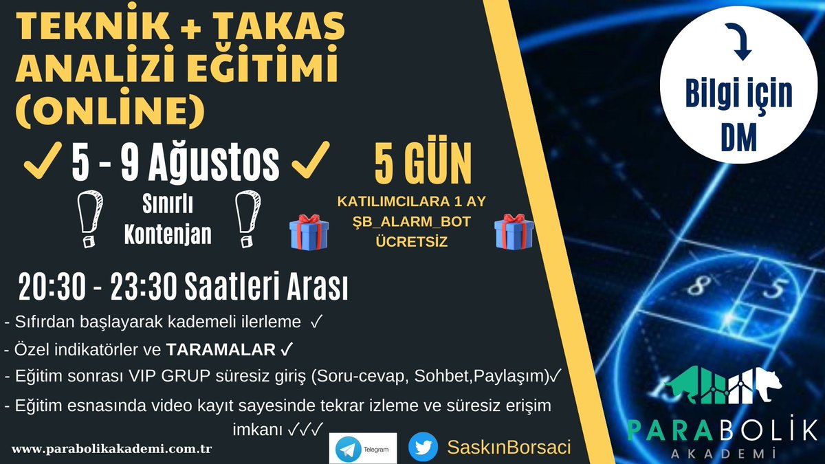 📢DUYURU📢

📌Arkadaşlar programımın yoğun olması sebebi ile Mayıs ayı sonrasında eğitim yapamadık.

📌5 - 9 AĞUSTOS tarihlerinde 20:30 23:30 arası 5 gün sürecek,

Bilgi ve katılım için DM den ulaşabilirsiniz.

📌Eğitim sonrasında katılımcılara özel gruplarda desteğe devam