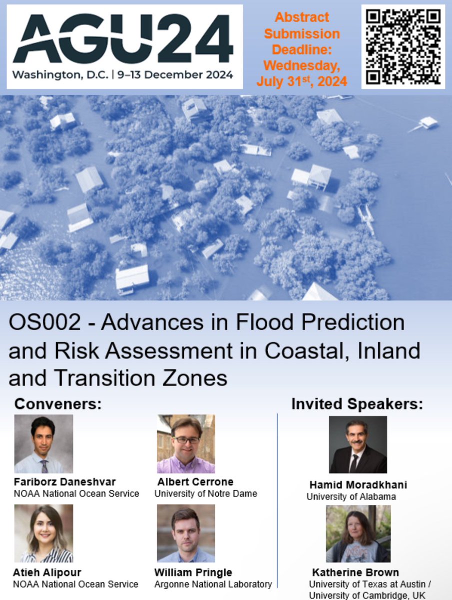 Consider submitting your #AGU24 abstracts to our #Ocean #Science session on #Flood prediction and #risk assessment.
Invited speakers: Dr. <a href="/HamidMoradkhani/">Hamid Moradkhani</a> and Dr. Katherine Brown.
Submission link in the comments.
<a href="/NOAA/">NOAA</a> <a href="/theAGU/">AGU (American Geophysical Union)</a> <a href="/Hydrology_AGU/">Hydrology Section AGU</a> <a href="/AlipourAtieh/">Atieh Alipour</a> <a href="/argonne/">Argonne National Lab</a> <a href="/NotreDame/">University of Notre Dame</a>