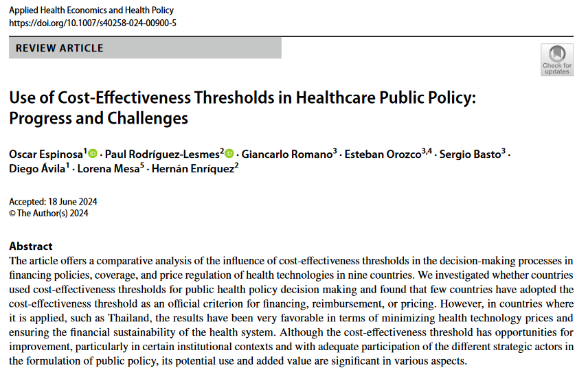 Paul Rodríguez-Lesmes (@androdri) on Twitter photo We are happy to share the paper entitled "Use of cost-effectiveness thresholds in healthcare public policy: progress and challenges" in Applied Health Economics and Health Policy ( (<a href="/ApplHealthEcon/">Tim Wrightson ☮</a>). Research with Oscar Espinosa and <a href="/IETSColombia/">Instituto de Evaluación Tecnológica en Salud</a> team. doi.org/10.1007/s40258… We are happy to share the paper entitled "Use of cost-effectiveness thresholds in healthcare public policy: progress and challenges" in Applied Health Economics and Health Policy ( (<a href="/ApplHealthEcon/">Tim Wrightson ☮</a>). Research with Oscar Espinosa and <a href="/IETSColombia/">Instituto de Evaluación Tecnológica en Salud</a> team. doi.org/10.1007/s40258…