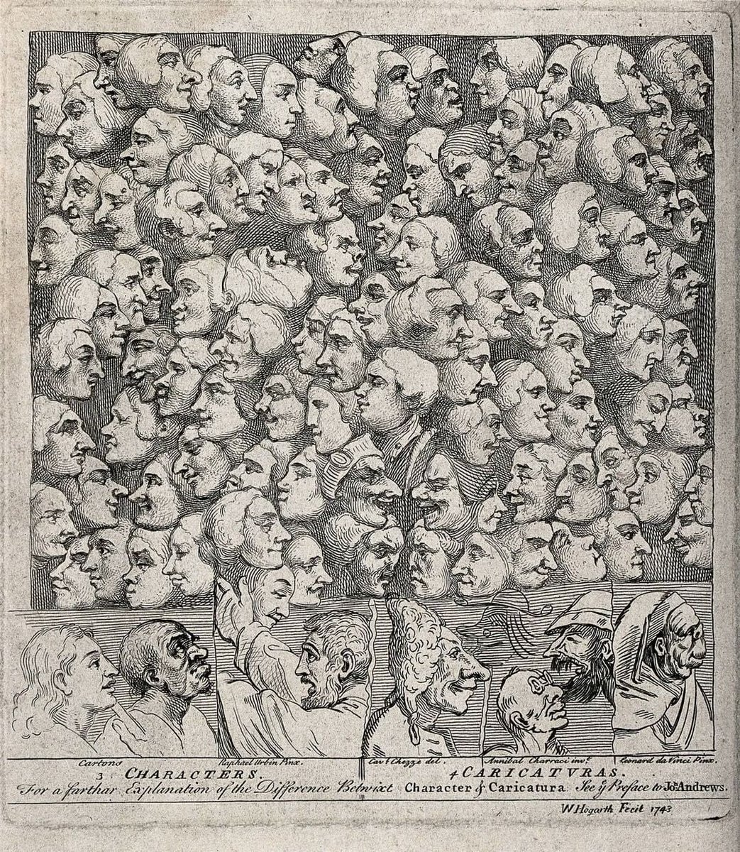 Frustrado por ser considerado un mero artista de "caricaturización", William Hogarth produjo este grabado de 1743 para explicar la diferencia entre personajes y caricaturas, que consideraba radicalmente diferentes, y alineando firmemente su estilo con el primero.