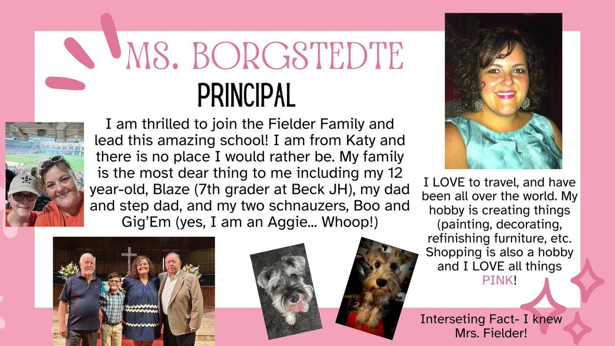 We hope all of our Fielder families are recovering after Hurricane Beryl! Beg. today, we will be highlighting some of our new staff members joining our amazing team for the 24-25 school year!

First- we’d like to welcome to our new principal, Ms. Borgstedte! 💜💛 #fielderpride