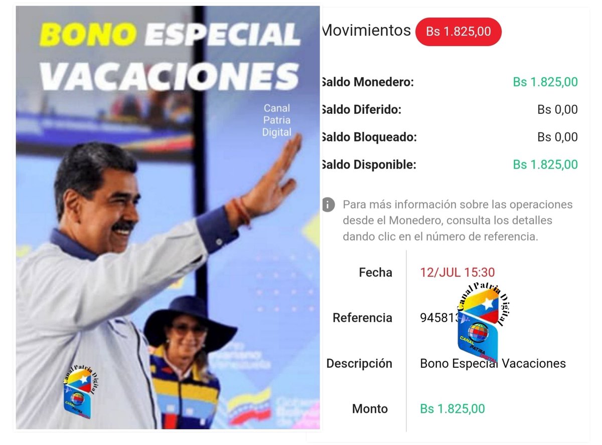 Canal Patria Digital (@canalpatriadig) on Twitter photo #ÚLTIMOMINUTO
Inicia la entrega del Bono Especial Vacaciones enviado por el presidente <a href="/NicolasMaduro/">Nicolás Maduro</a> a través de la #PlataformaPatria, para el personal jubilados de administración pública.
La entrega se realizará de manera directa y gradual
✅ MONTO:1.825,00 Bs. #ÚLTIMOMINUTO
Inicia la entrega del Bono Especial Vacaciones enviado por el presidente <a href="/NicolasMaduro/">Nicolás Maduro</a> a través de la #PlataformaPatria, para el personal jubilados de administración pública.
La entrega se realizará de manera directa y gradual
✅ MONTO:1.825,00 Bs.