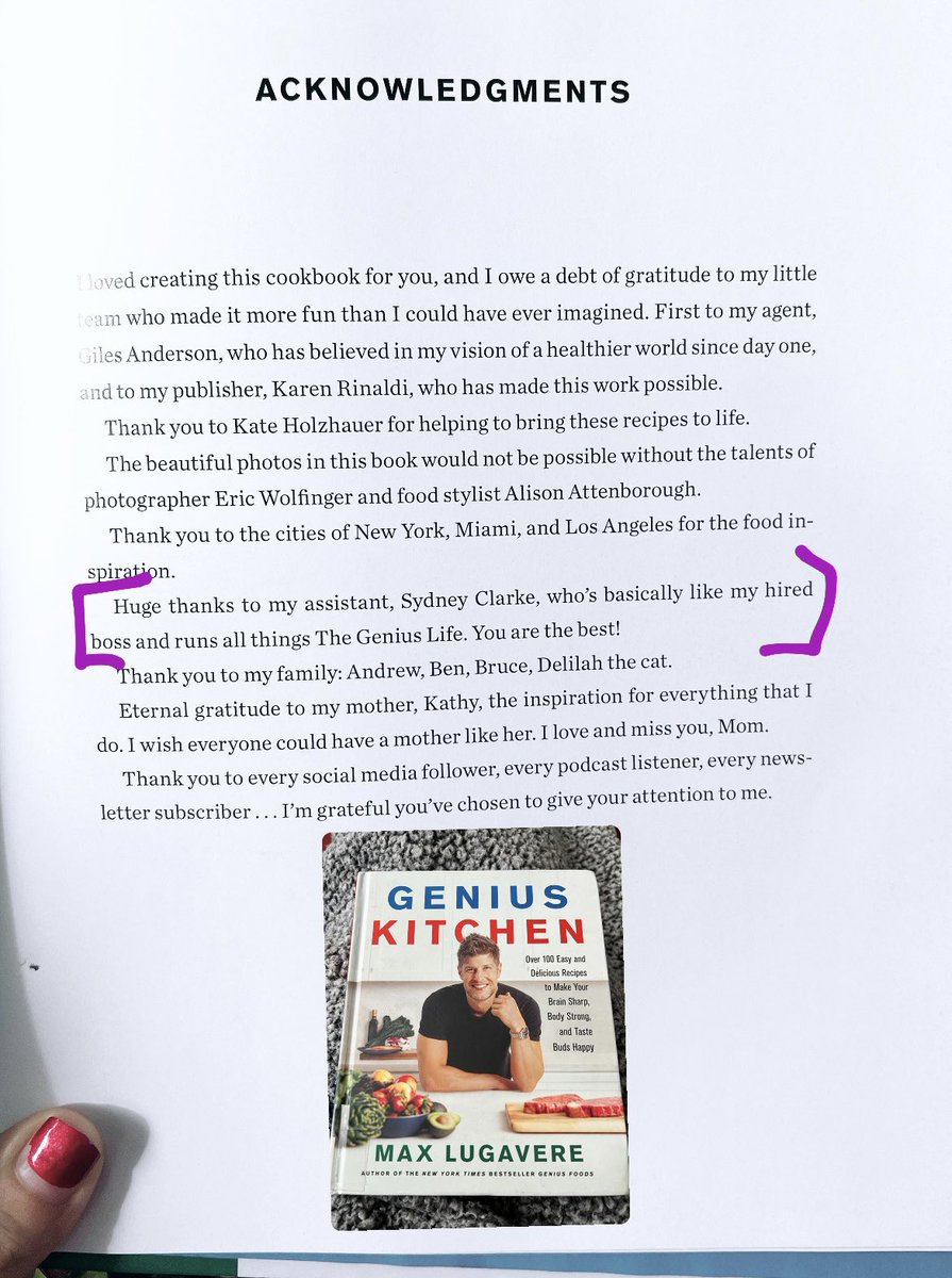 malloryismore's tweet photo. Loved @maxlugavereโs cookbook and the acknowledgment of his assistant, Sydney, at the end.๐๐ผ๐๐ผ๐๐ผ
#morethananadmin #geniuskitchen https://t.co/tKMfskFis9