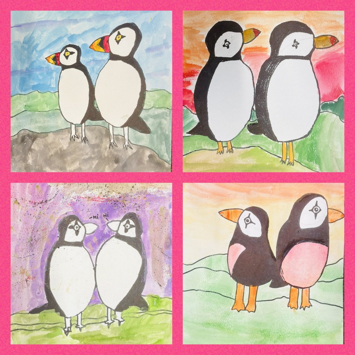 art4creativity1's tweet photo. After School Club at Southridge First KS2: What a fantastic last ART4 club of the Year! We painted these adorable puffins! We drew sketches last week, added the details in sharpie &amp; then we painted them. We chose our own skyscapes &amp; used tones of green in our landscapes! WOW! https://t.co/6UWNpyommM