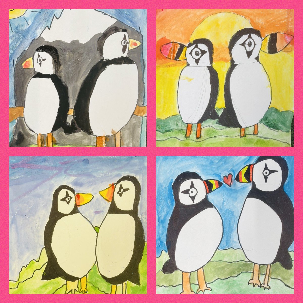 art4creativity1's tweet photo. After School Club at Southridge First KS2: What a fantastic last ART4 club of the Year! We painted these adorable puffins! We drew sketches last week, added the details in sharpie &amp; then we painted them. We chose our own skyscapes &amp; used tones of green in our landscapes! WOW! https://t.co/6UWNpyommM
