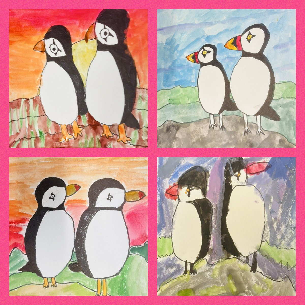 art4creativity1's tweet photo. After School Club at Southridge First KS2: What a fantastic last ART4 club of the Year! We painted these adorable puffins! We drew sketches last week, added the details in sharpie &amp; then we painted them. We chose our own skyscapes &amp; used tones of green in our landscapes! WOW! https://t.co/6UWNpyommM