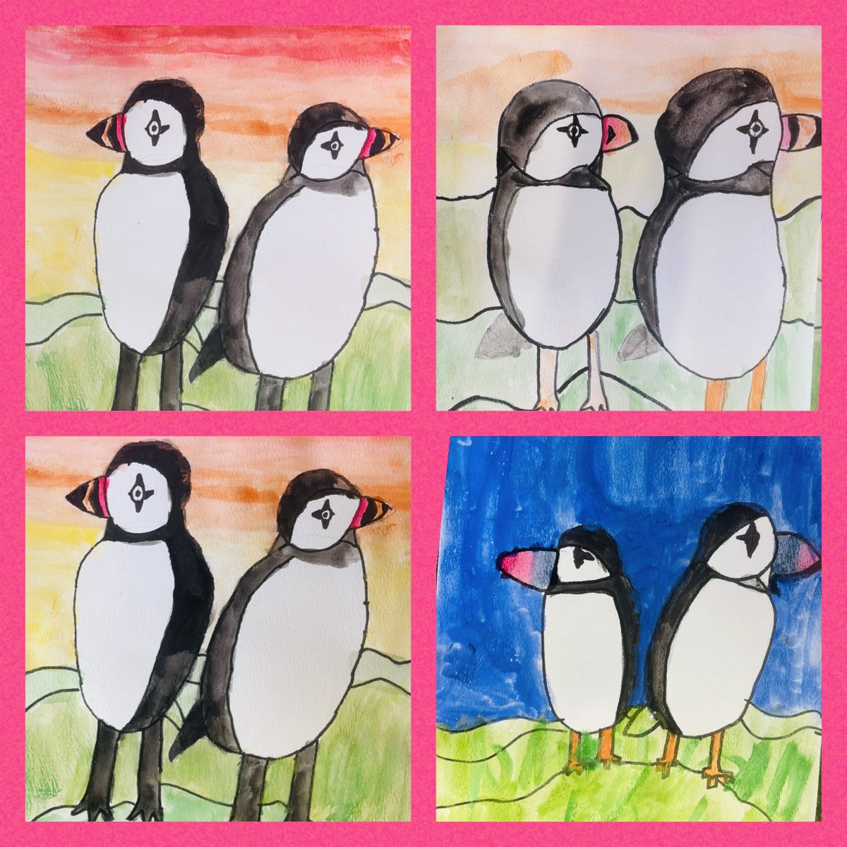 art4creativity1's tweet photo. After School Club at Southridge First KS2: What a fantastic last ART4 club of the Year! We painted these adorable puffins! We drew sketches last week, added the details in sharpie &amp; then we painted them. We chose our own skyscapes &amp; used tones of green in our landscapes! WOW! https://t.co/6UWNpyommM