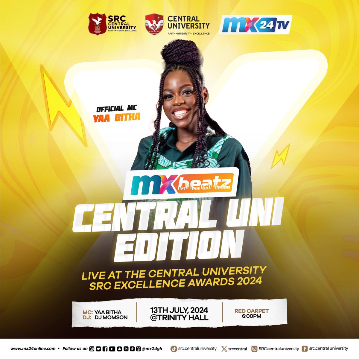 SrcCentral's tweet photo. Official MC for the CU SRC Excellence Awards 2024, @yaabitha 

Join us for a night of celebration and recognition of excellence! 🌟

📍 Venue: TRINITY HALL
📅 Date: 13TH JULY, 2024
📸 Red Carpet: 6:00PM

Remember voting ends tonight at 11:59pm‼️

#CUeAwards #CUsrc https://t.co/R32hLDReFf