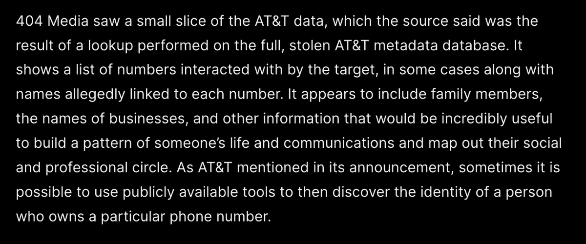 jason_koebler's tweet photo. NEW: 404 Media has learned that an American hacker in Turkey is linked to the AT&amp;T breach, and we've seen a section of hacked data, which can be used to build a profile of someone's life. Gives an idea of how bad this hack actually is:

https://t.co/mDKa7MXlL5

by @josephfcox https://t.co/UG9NRNMh3A