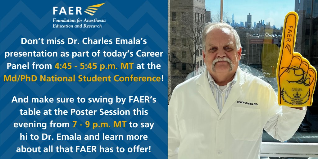 FAER (@faeranesthesia) on Twitter photo As you enjoy the MD/PhD Conference ( <a href="/mdphdcon/">MD/PhD National Student Conference</a>), be sure to join FAER BoD member Dr. Chas Emala for his presentation as part of tonightās Career Panel from 4:45 ā 5:45 p.m.!
& swing by the FAER table at the Poster Session from 7 ā 9 p.m. to say hi to Dr. Emala & learn about As you enjoy the MD/PhD Conference ( <a href="/mdphdcon/">MD/PhD National Student Conference</a>), be sure to join FAER BoD member Dr. Chas Emala for his presentation as part of tonightās Career Panel from 4:45 ā 5:45 p.m.!
& swing by the FAER table at the Poster Session from 7 ā 9 p.m. to say hi to Dr. Emala & learn about