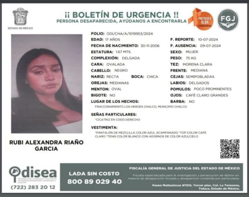 Canal13Puebla's tweet photo. #TeBuscamos 🚨 Rubi Alexandra Riaño García de 17 años, desapareció el 10 de julio de 2024, fue vista por última vez en el fraccionamiento Los Héroes Chalco. Si tienes información, comunícate al ☎️ 800 89 029 40 o al 911. https://t.co/kJ2DKVa0OM