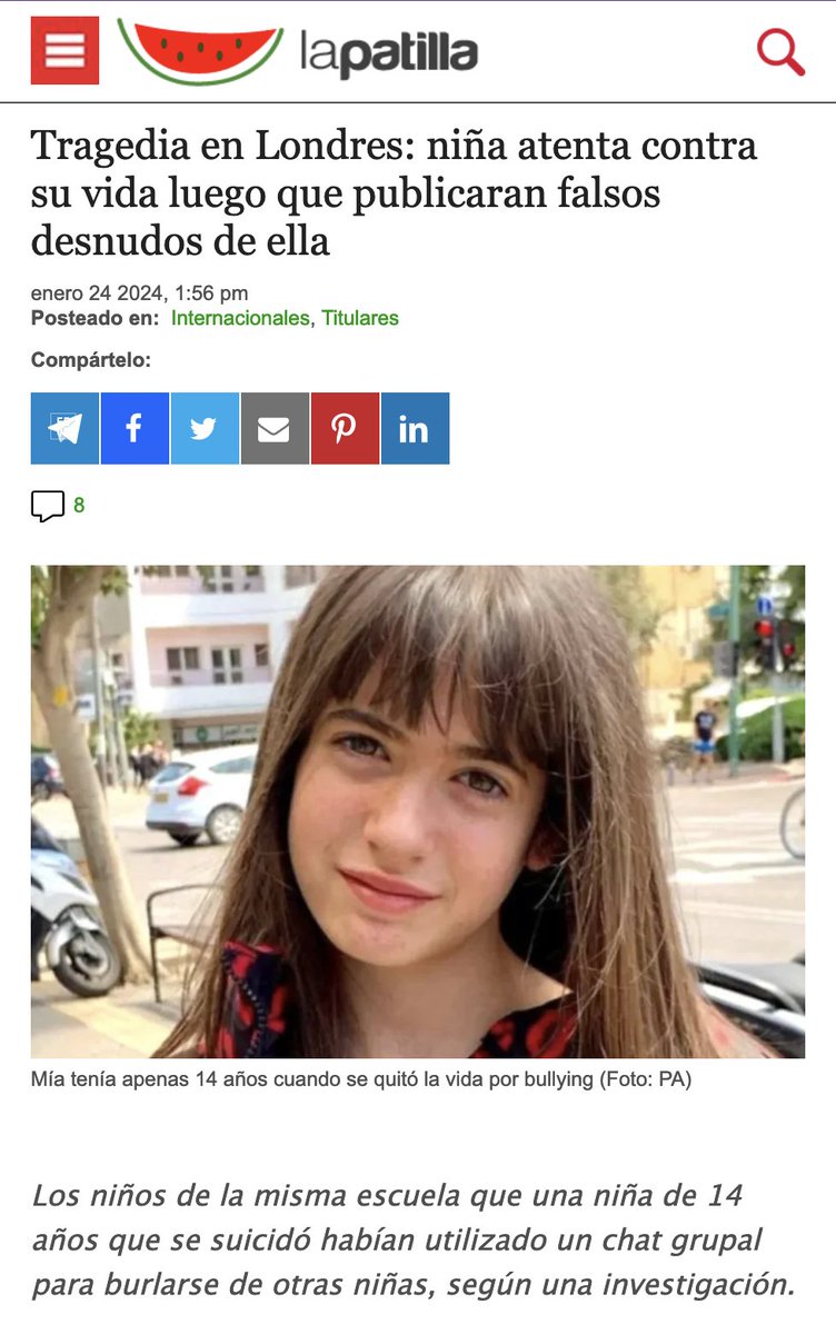 Mia Jalin falleció en abril de 2021 por suicidio. Unos meses más tarde, mi hija Kira López también se quitó la vida. Ambas muertes fueron consecuencia del acoso escolar que sufrieron. Mariano Janin, el padre de Mia, al igual que yo en España, está luchando para que en el Reino