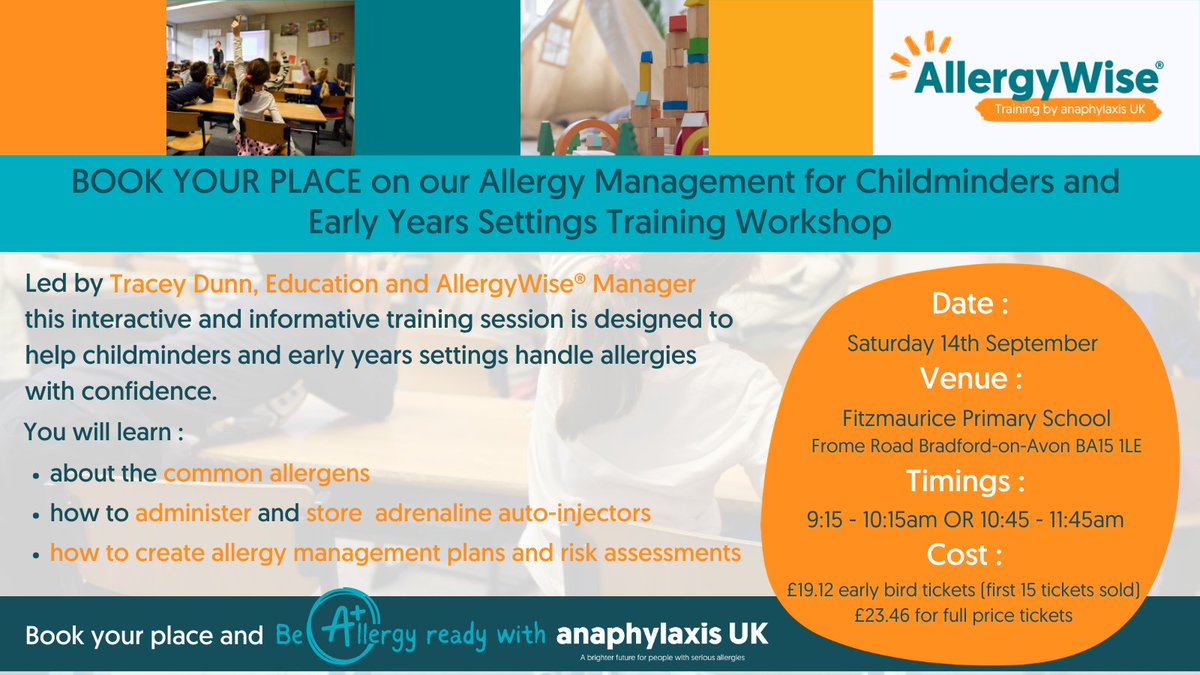 AnaphylaxisUK's tweet image. BOOK NOW : Allergy Management for Childminders &amp;amp; Early Years Settings Workshop. Led by Tracey Dunn, Education &amp;amp; AllergyWise® Manager this interactive session is designed to help childminders &amp;amp; early years settings handle allergies with confidence : ow.ly/brU050SArQz