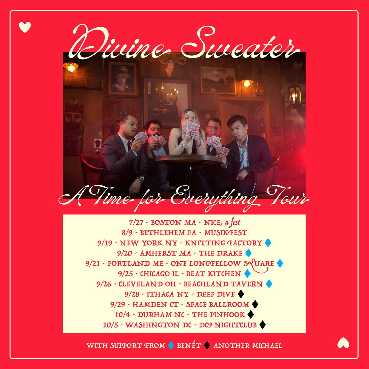 Tickets to our “A Time for Everything” tour are now live!! We’re so excited to have <a href="/Benantics/">Benét</a> and <a href="/anothermichaels/">Another Michael 🏞</a> joining us on this run! We hope to see you at a show :) Grab tickets in our bio or divinesweater.com 🎟️🎟️🎟️