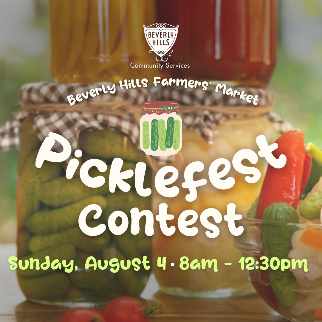 Join our Picklefest Contest on Sunday, August 4! This #pickling contest for amateurs is a fun and exciting opportunity for home cooks and pickling enthusiasts to showcase their creativity and skills in preserving and flavoring #food. Apply at beverlyhills.org/farmersmarket.