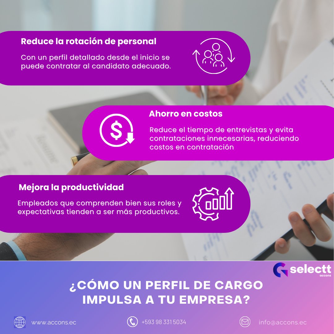 infoACCONS's tweet image. Perfiles de cargo detallados son la base de un equipo exitoso. Desde reducir la rotación de personal hasta mejorar la productividad. ¡Descubre sus beneficios y dale a tu empresa la ventaja que necesita con  #Selectt !
#perfildecargo #selecciondepersonal #accons  #azuay #cuenca