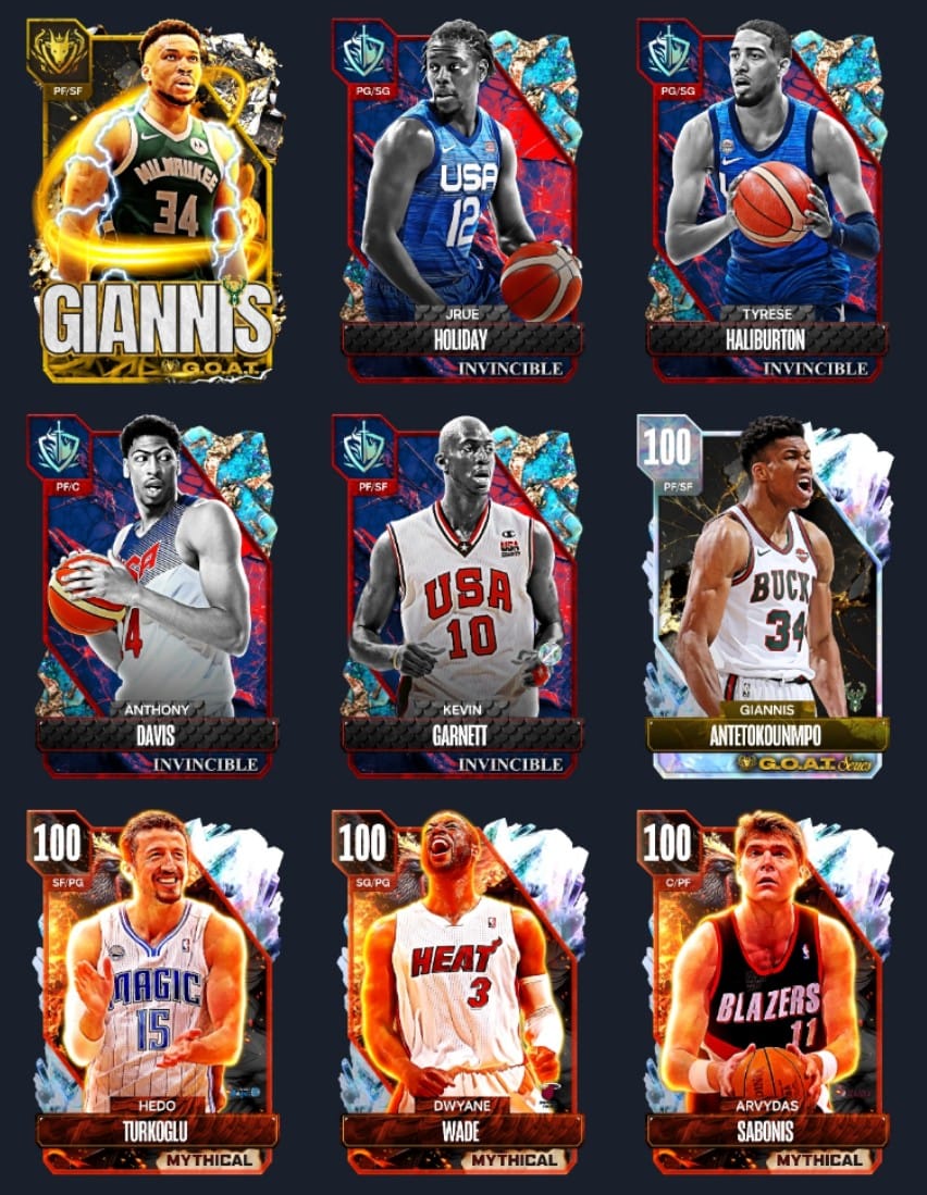 TDstubs's tweet photo. G.O.A.T. #GiannisAntetokounmpo & Mythical Packs Update:
Invincible #JrueHoliday
Invincible #TyreseHaliburton
Invincible #AnthonyDavis
100 OVR #HedoTurkoglu
100 OVR #DwyaneWade
100 OVR Arvydas Sabonis
100 OVR #BolBol and more...
#NBA2K24 #MYTEAM #Friday #UPDATE https://t.co/puDcRFdSa8