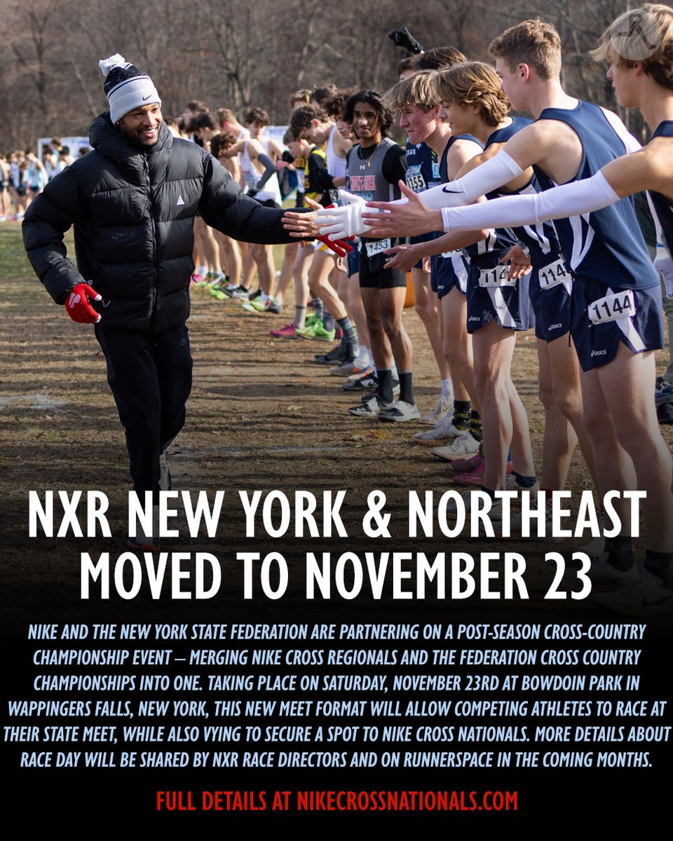 runnerspace's tweet photo. Nike Cross Regionals dates are set with a major change for the New York & Northeast Regions!

Keep up with the latest at https://t.co/wIN6QAxXkD.

🗓️11/10
NXR Heartland
📍 Sioux Falls, SD

🗓️11/16
NXR Northwest
📍Eagle, ID

🗓️ 11/17
NXR Midwest
📍Terre Haute, IN

🗓️11/23
NXR Southeast
📍 Cary, NC

NXR South
📍 The Woodlands, TC

NXR Southwest
📍 Mesa, AZ

NXR New York
📍 Wappingers Falls, NY

NXR Northeast
📍 Wappingers Falls, NY

🗓️ 12/7
🏆 Nike Cross Nationals 🏆
📍Portland, OR