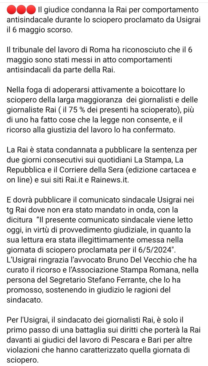 #Rai condannata per comportamento antisindacale in occasione dello sciopero dei giornalisti del 6 maggio.