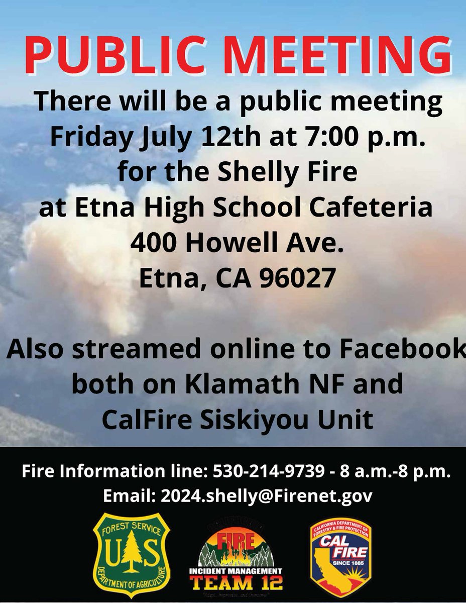 #ShellyFire community meeting reminder today July 12, 2024 at 7pm. Etna High School Cafeteria. Please submit all questions to this post by 6pm to be addressed at the meeting.

<a href="/CALFIRESKU/">CAL FIRE SKU</a> 
<a href="/SiskiyouSheriff/">Siskiyou County Sheriff</a> 
<a href="/SiskiyouOES/">Siskiyou County OES</a>