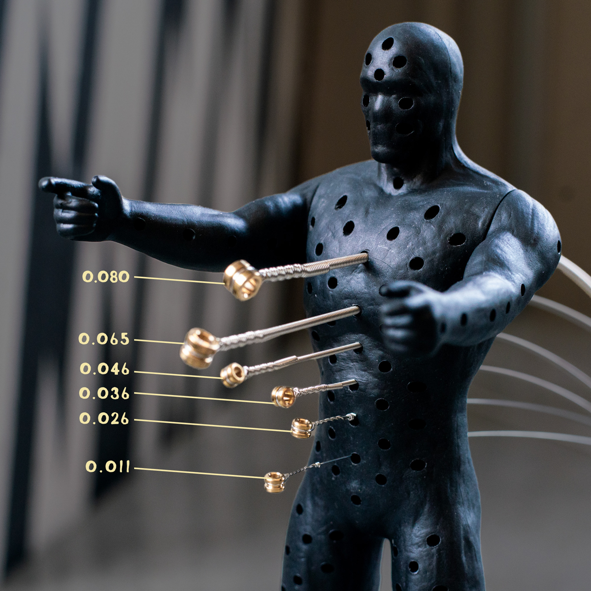 You've been asking about string gauges, so let's dive right in! Here's an example to demonstrate how different gauges fit through the String Thing figure. We found that 0.080 is max recommended string gauge. Hope this helps 🤘
