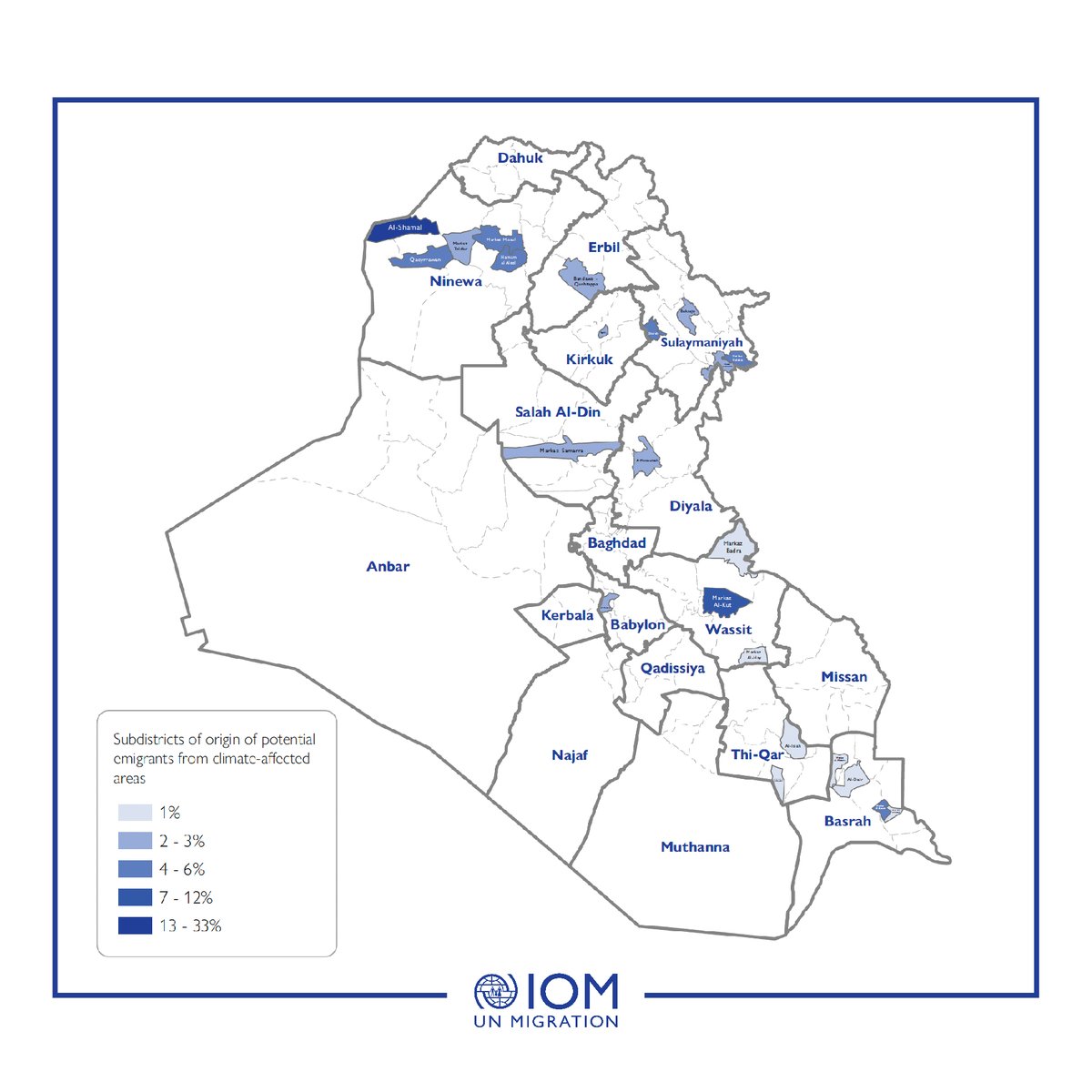 Curious about where potential emigrants from climate-affected areas in Iraq are coming from? A recent IOM report shows that they tend to come from Ninewa, Sulaymaniyah, Wassit and Basra.

Discover more: bit.ly/3xU29Hu