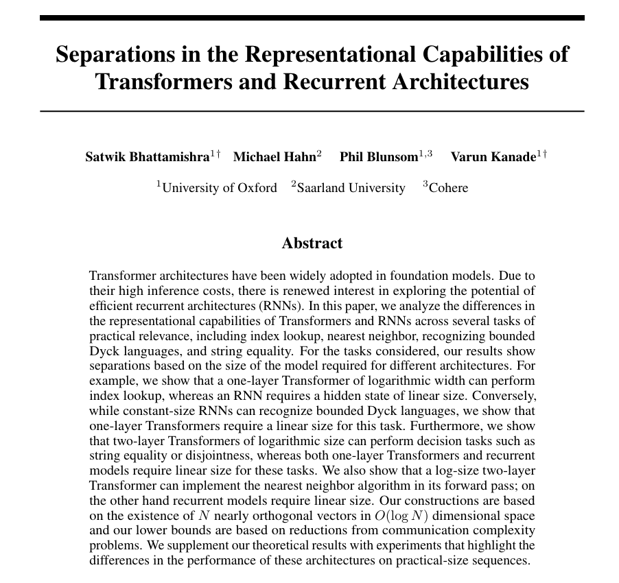 📢New Preprint

Are there tasks that are theoretically easier for Transformers to represent but not for SSMs/RNNs (or vice versa)? Are there tasks that are easier for two-layer Transformers but not for one-layer Transformers?

🧵Our new paper explores these questions.