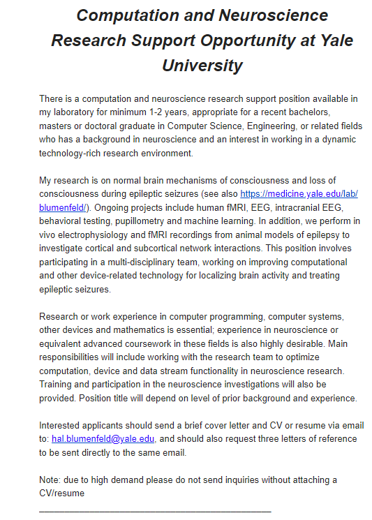 Hal Blumenfeld (@hblumenfeld) on Twitter photo Our lab is looking for an associate research scientist or postgraduate associate for computation and technical support! Interested applicants please send an email and CV to hal.blumenfeld@yale.edu. Job details below: Our lab is looking for an associate research scientist or postgraduate associate for computation and technical support! Interested applicants please send an email and CV to hal.blumenfeld@yale.edu. Job details below:
