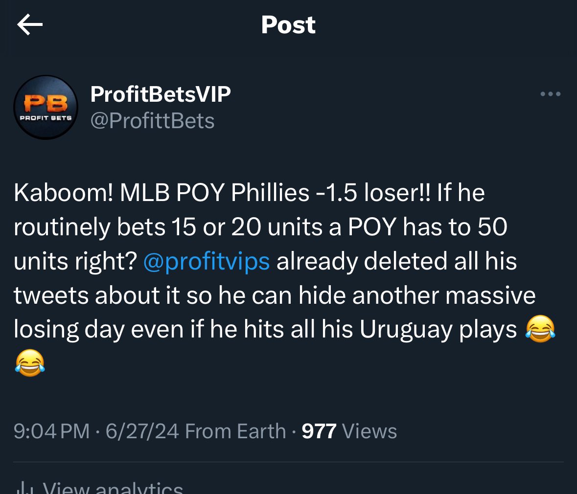 ProfittBets's tweet image. You know @profitvips is legit because he does an MLB “POY” play of the year, inferring his biggest or best play of the year, 20 times a season. His last “MLB POY” was only 2 weeks ago and he lost huge (again). 😂 😂