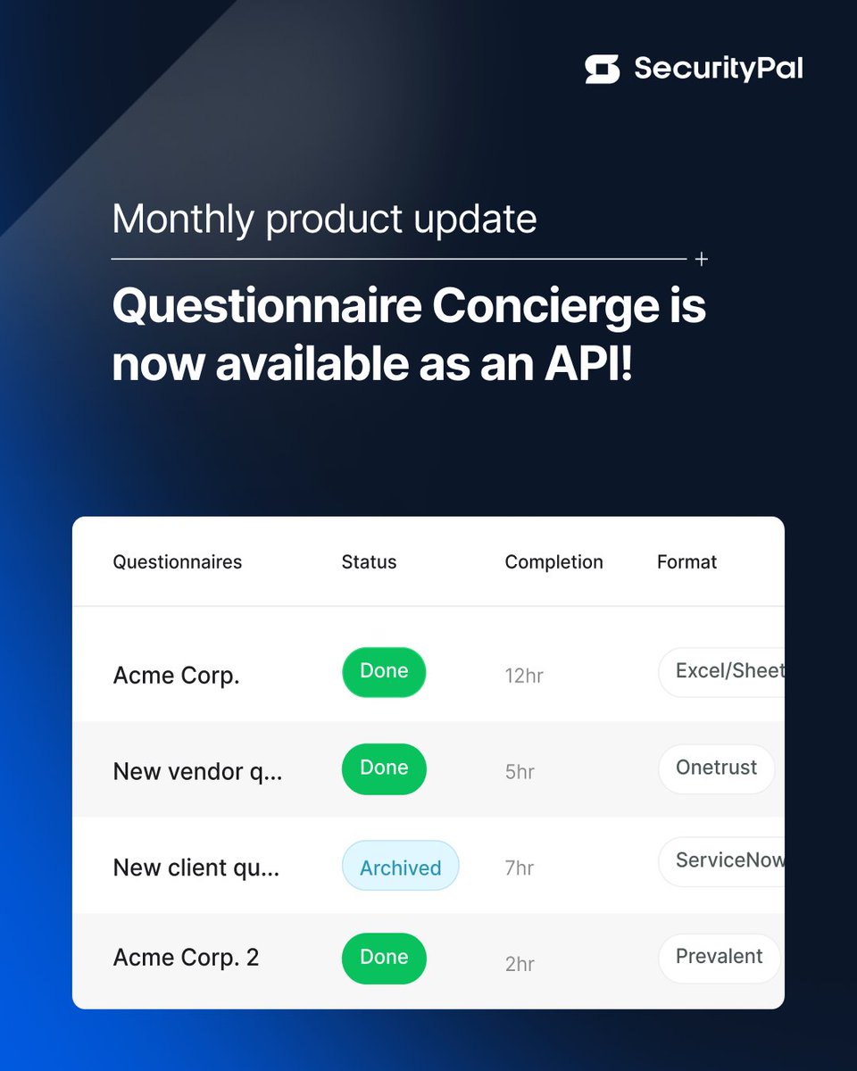 security_pal's tweet image. Questionnaire Concierge is now available as an API!

With the new API, you can:
📝 Create new questionnaire request directly
🔍 Instantly search questionnaire details
⚒️ Build custom form and dashboard

🔗: bit.ly/3zC12g8

#SecurityPal #SecurityQuestionnaires #API