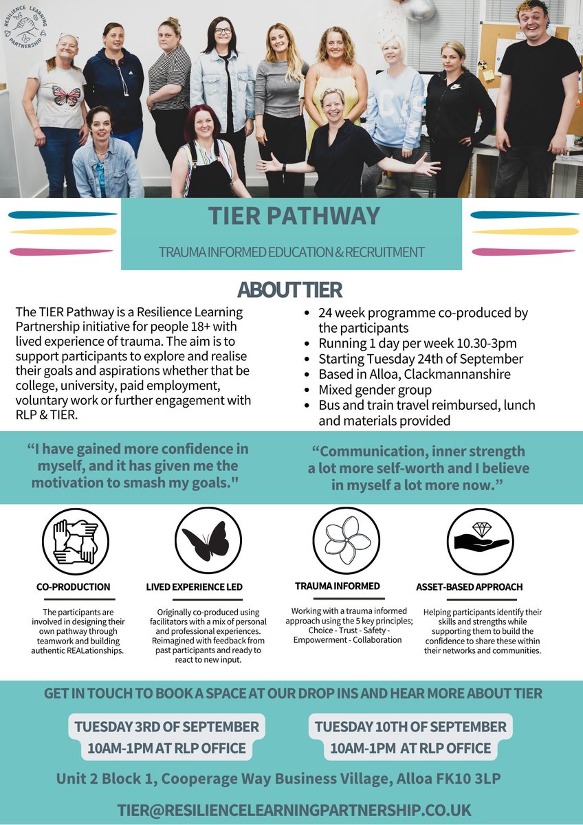 Our next TIER Pathway will begin in September.
If you, someone you know, or work with, has lived experience of psychological trauma and are 18+, come along to one of our drop in sessions to find out more about the pathway and support we provide.