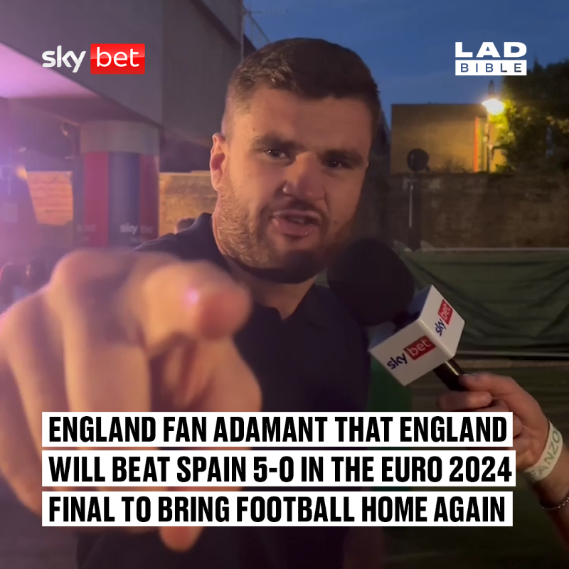 ladbible's tweet photo. "Gareth do your thing, I don't know what you're doing, but it's working!" 🤣

@JohnnyFisherBox is predicting an absolute riot at the #EURO2024 Final with England beating Spain 5-0 when asked at the #SkyBetFanZone 😳

@skybet 18+ https://t.co/xp7Xnocg4I #Ad