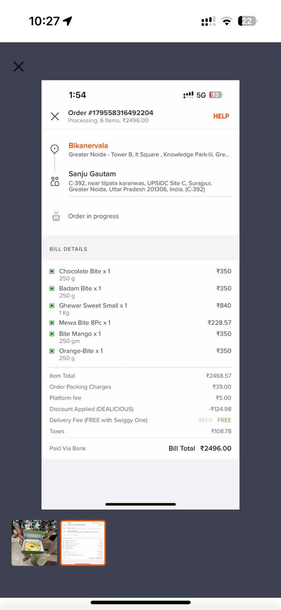 KanEleven's tweet photo. @SwiggyCares You can check the following images. One is the bill which has all the items and their quantities and the price. The other 2 images are the items we received. 600gms of sweets are missing (Mewa bites 8pieces) the box is of 480gms only while we ordered 1000gms of sweets https://t.co/LojMjUCL36