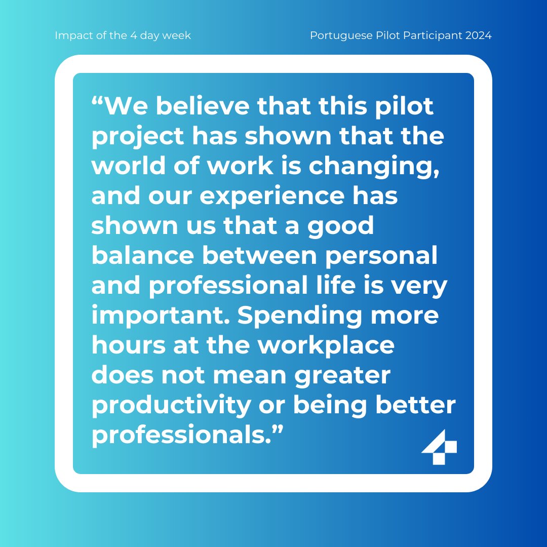 95% of the 1000 participants in the Portuguese 4 Day Week Trial rated the trial as positive and wanted to continue with it.

These are some of their testimonials.