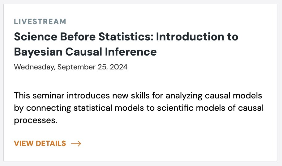 Richard McElreath 🦔 (@rlmcelreath) on Twitter photo Stats is broken. Causal inference is broken. Together they are less broken. I will teach a 3h online course in September, aimed at ppl who have tried to understand connections btw causal inference & statistical inference but were discouraged by notation & puffery. <a href="/StatHorizons/">Statistical Horizons</a> Stats is broken. Causal inference is broken. Together they are less broken. I will teach a 3h online course in September, aimed at ppl who have tried to understand connections btw causal inference & statistical inference but were discouraged by notation & puffery. <a href="/StatHorizons/">Statistical Horizons</a>