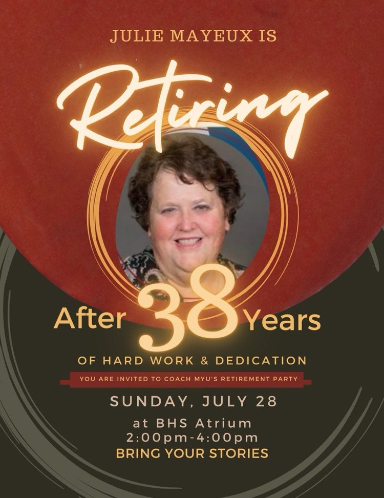 wbrpanthers's tweet photo. Mark your calendar. Coach My-u is retiring, 38 in WBR, 33 at BHS. Sunday, July 28th, 2-4, BHS Media Center. Light snacks and fun reminiscing. It's a come &amp; go event. https://t.co/arydOzhETr