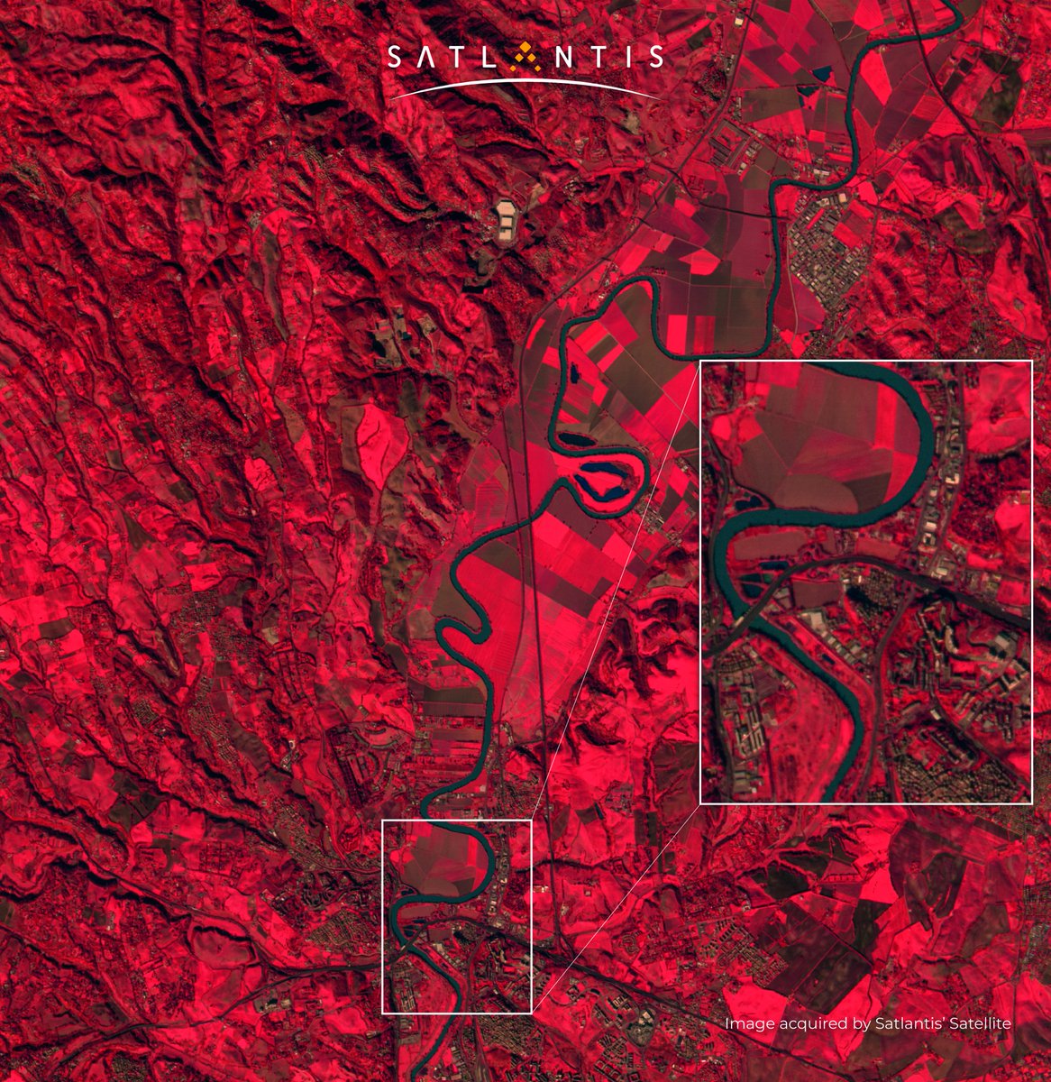 satlantis_'s tweet photo. 🌊 The historic Tiber River flows through Italy, creating the fertile Tiber Valley, as captured by our #GEISAT satellite📷 

📷#RGB and #NIR spectra simultaneously reveal hidden details in infrared and showcase urban and natural landscapes. 

📷 The red colour shows healthy vegetation that reflects infrared light, offering visuals useful for monitoring crops and forest health.

📷 To discover the essential insights enabled by our #OpticalTechnology, do not hesitate to contact us!🌳

#SatlantisImage #Space #SatelliteImaging #ISIM