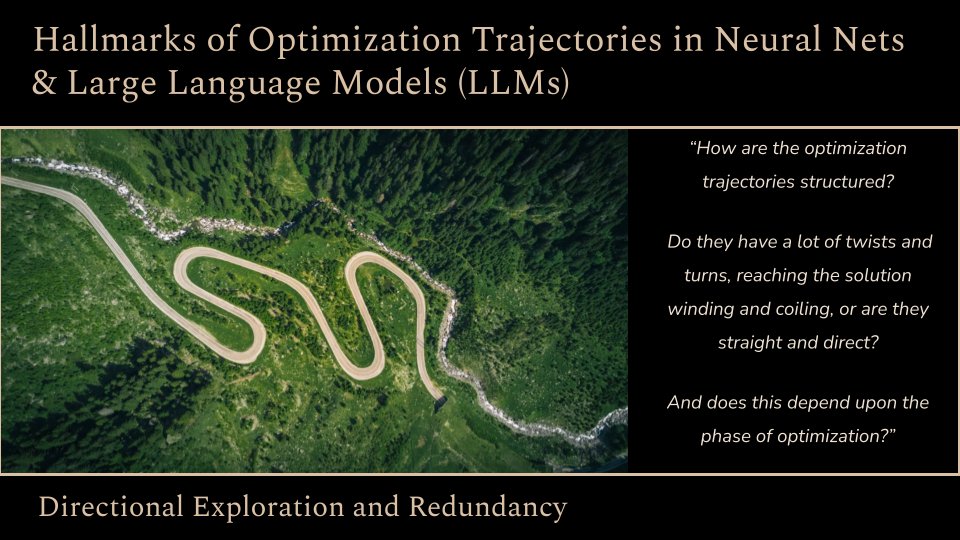 Ever wondered how the optimization trajectories are like when training neural nets &amp; LLMs🤔? Do they contain a lot of twists 💃 and turns, or does the direction largely remain the same🛣️? We explore this in our work for LLMs (upto 12B params) + ResNets on ImageNet.
Key findings👇