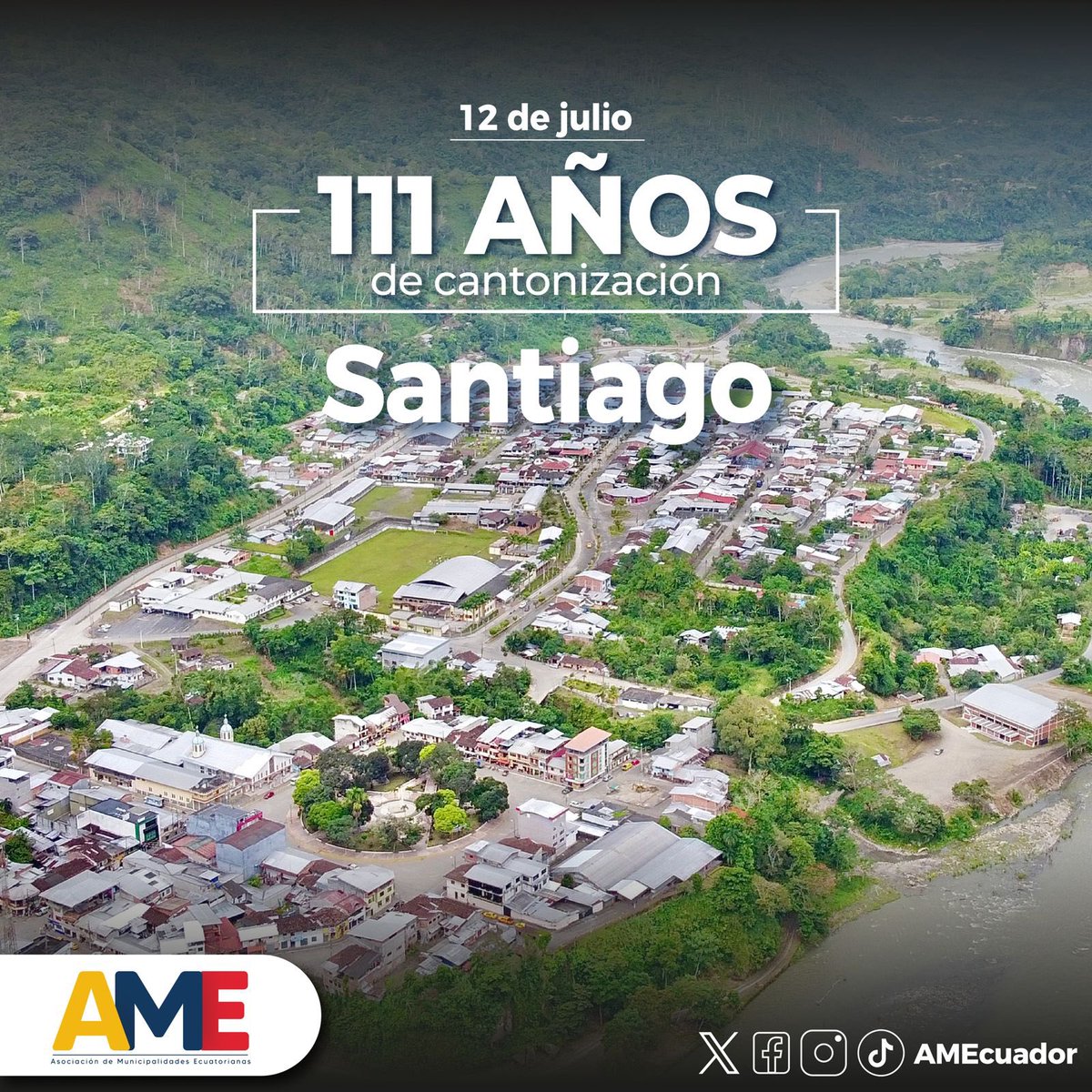 AMEcuador's tweet photo. #AMESaluda | Santiago de Méndez, cantón con riqueza intercultural entre pueblo mestizo y shuar, celebra su centésimo décimo primer Aniversario de cantonización. Paraje que se asienta en la Amazonía, cobijado con el verdor de la selva y rodeado de los ríos Paute y Kamanchaim. https://t.co/tAi3QEgtqY