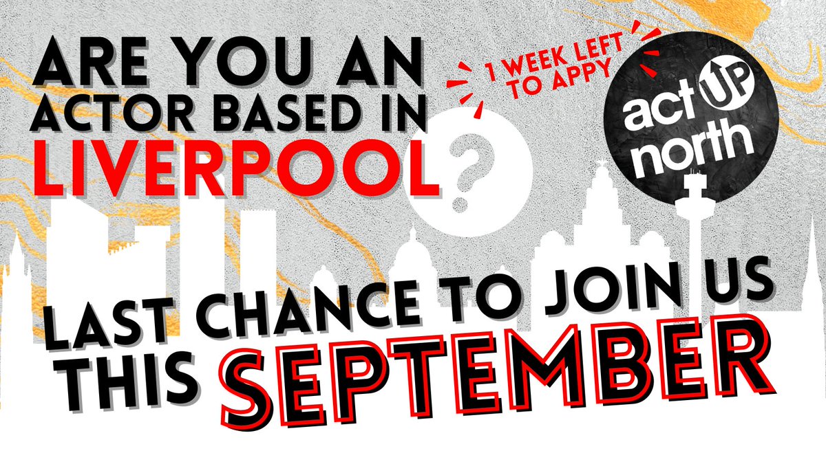If you're an actor based in #Liverpool you've got just ✨one week✨ left to apply for a spot at ActUpNorth in your city 🎬

Our next cohort starts in September... why not pop in an application and come along to a free trial class!? 

actupnorth.com/apply-online/