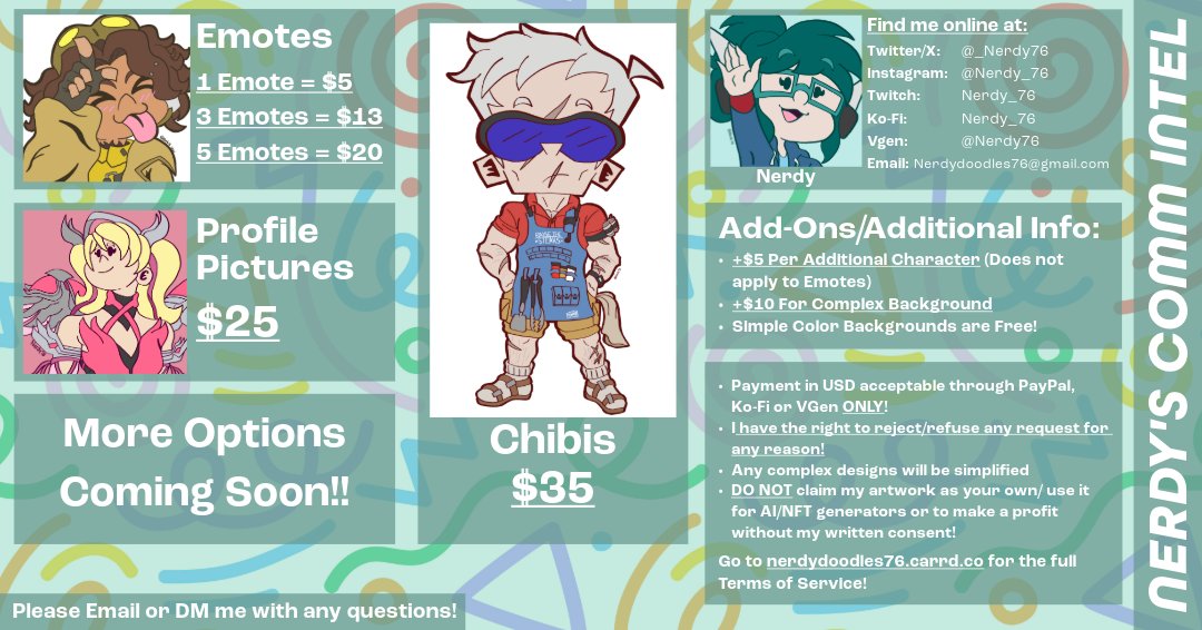 _Nerdy76's tweet image. WE'RE BACK IN BUSINESS! I'll be adding more options overtime, so be sure to check the links below! (5 slots open!)
RTs are always helpful &amp;amp; thank you all for cheering me on &amp;amp; keeping me going! This is a dream I refuse to give up on &amp;amp; a huge honor to spread joy w/ my art! /lh