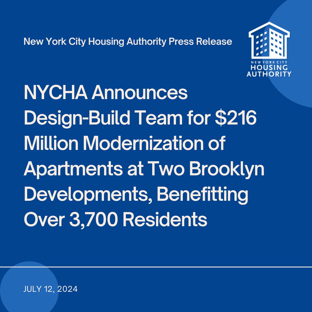 NYCHA's tweet photo. @NYCHA announces $216M Comprehensive Modernization for Wyckoff Gardens &amp; Gowanus Houses! Over 3,700 residents to benefit from new upgrades by Mega/Technico Joint Venture team. 🌟

Full press release: https://t.co/q9GMOWC5As

#NYCHAPressRelease #CompMod #PublicHousing https://t.co/0IANnEoBam