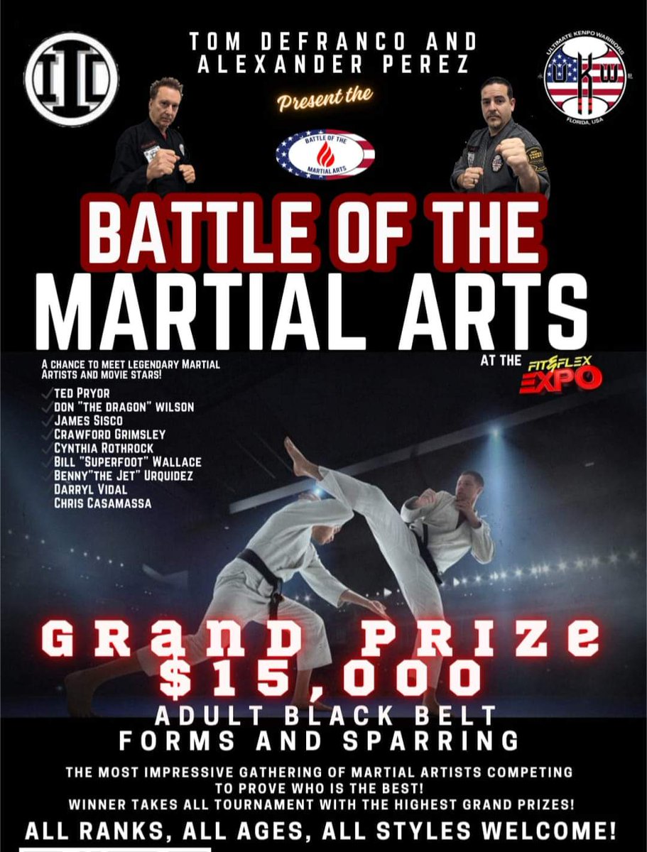 akskarate1's tweet photo. We are hosting a tournament November 16-17 in Fort Lauderdale, Florida. We hope a Kenpo person can win it, but it's open to all styles. For more information visit Battle Of The Martial Arts  or go to https://t.co/Udn58hZJga we are giving over $45,000.00 in Grand prizes. https://t.co/iYgp2b2bMu
