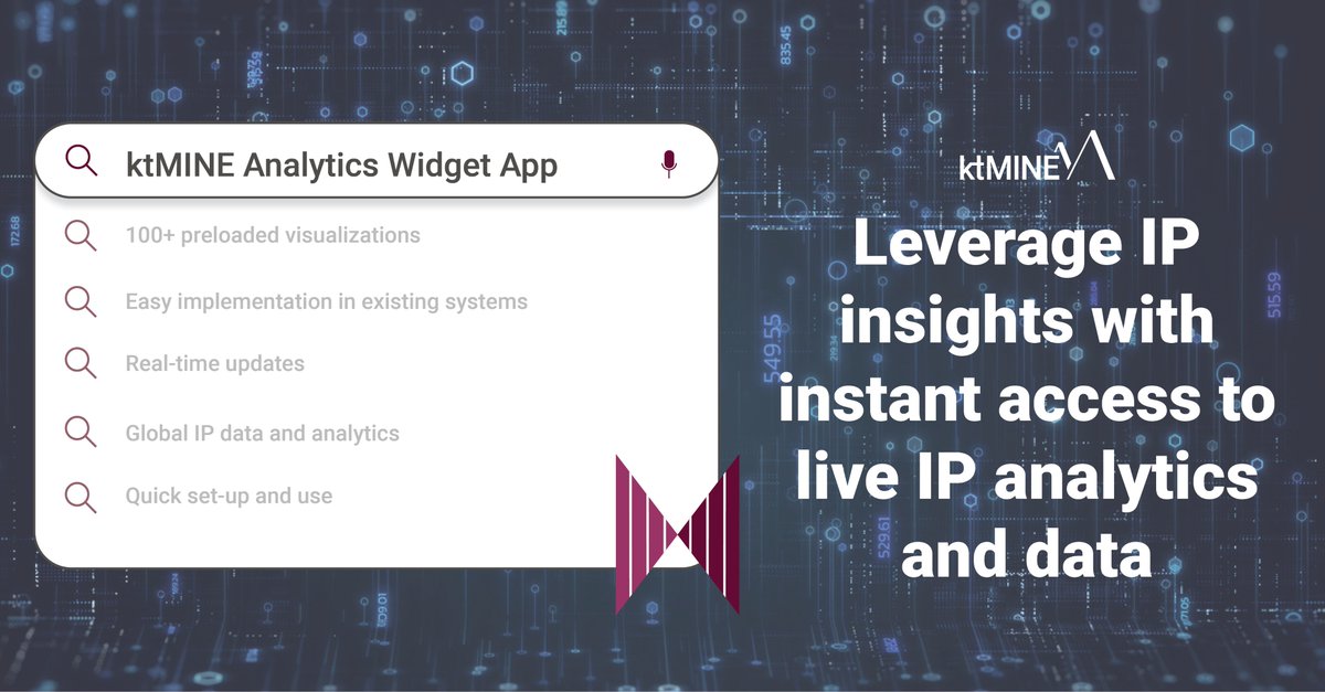 Easily integrate our powerful analytics into your existing systems for real-time insights and enhanced collaboration. Simplify your workflow and make data-driven decisions with ease.

Learn more about how the ktMINE Widget App can elevate your IP research. bit.ly/37xafoP