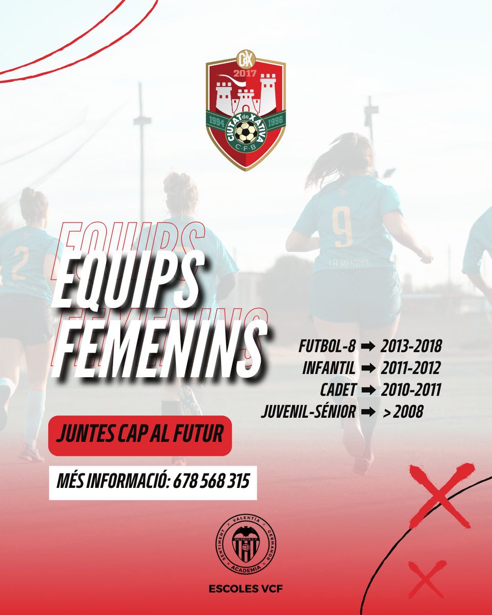 ⚽️ Vols formar part dels nostres equips femenins❓ 

👕 Uneix-te a la #FamíliaCDX i no te'n penediràs. Molt més que futbol. T'esperem‼️ 

▪️ Futbol-8 ➡️ 2013-2018
▪️ Infantil ➡️ 2011-2012
▪️ Cadet ➡️ 2010-2011
▪️ Juvenil-Sénior ➡️ >2008 

#FemeninsCDX #CDX24_25 #JuntsCapAlFutur