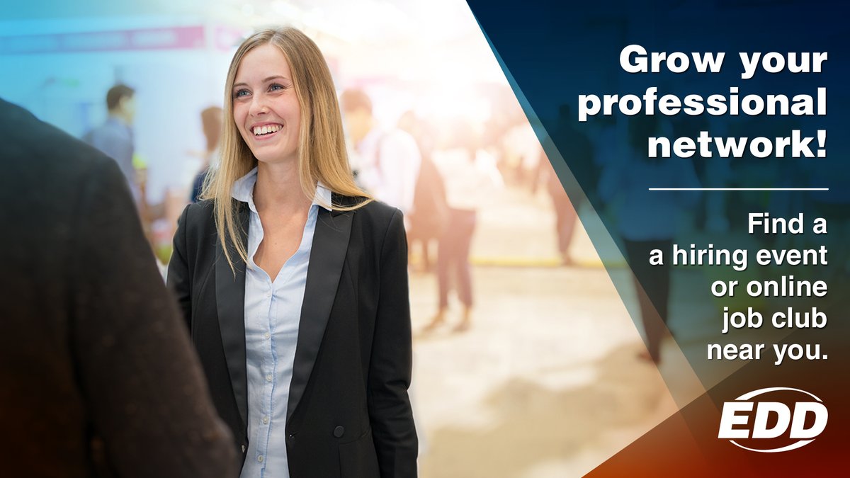 CA_EDD's tweet photo. Looking for more networking opportunities? Online job events often include the chance to meet others and grow your professional network.
💼 Look for hiring events and online job club meetings at https://t.co/GyVFggu8yY.
#WorkingInCa #CaJobs #Networking #CalJOBS #JobSeekers https://t.co/YDmtlkRF7t