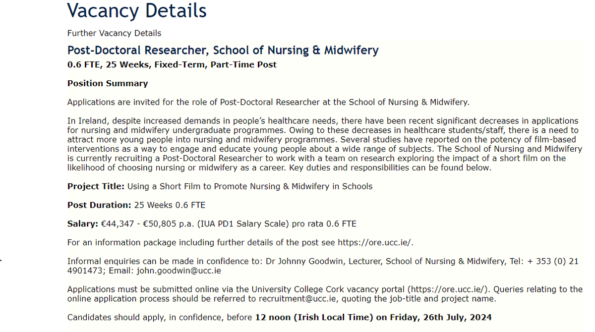 UCC School of Nursing & Midwifery 🌈 (@uccnursmid) on Twitter photo Exciting post-doctoral researcher opportunity!
Project: Using a Short Film to Promote Nursing & Midwifery in Schools
Applications due 26th July (12 noon)
Please contact Dr Johnny Goodwin (john.goodwin@ucc.ie) for further information
Full details: ore.ucc.ie Exciting post-doctoral researcher opportunity!
Project: Using a Short Film to Promote Nursing & Midwifery in Schools
Applications due 26th July (12 noon)
Please contact Dr Johnny Goodwin (john.goodwin@ucc.ie) for further information
Full details: ore.ucc.ie