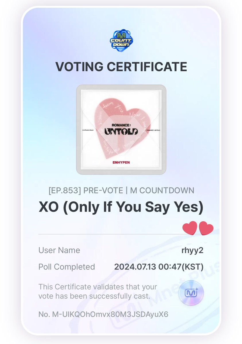 _jyangwon's tweet photo. another mushow voting has opened! INFORM OTHERS 📢

ENGENEs, proceed to your mnet+ 
app and log in your acc. vote for #ENHYPEN XO (Only If You Say Yes). take note that 1 acc = 1 vote. 1-2 accs per device/IP.

will end on JULY 15, 11:59PM kst‼️ https://t.co/j3AXAmY2El