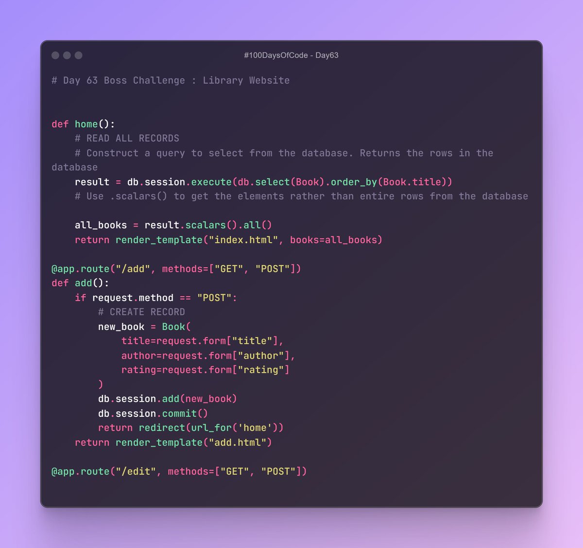 Birendra_Tech's tweet photo. 🚀 Day 63 of #100DaysOfCode! Built a Library Website using Flask and SQLAlchemy! 📚 Users can add, edit, and delete book records with titles, authors, and ratings. #Flask #Python #WebDev #Day63 #100DaysOfCode #LibraryWebsite
Full Codes on GitHub: https://t.co/va4pOO6wC9 https://t.co/RPT4sZ4GGz